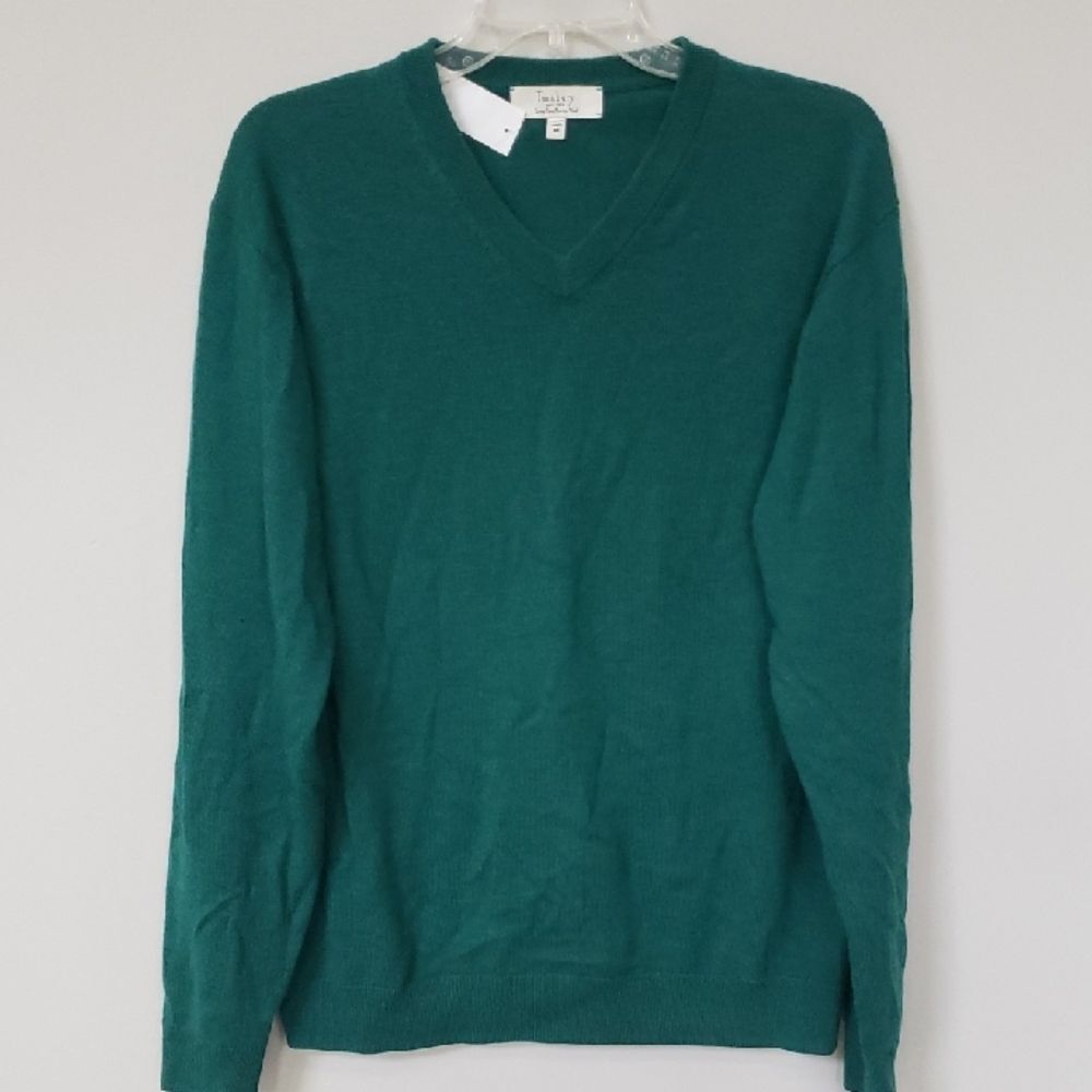 Turnbury Sweater Mens M Extra Fine Merino Wool V-Neck Green Business Casual Golf